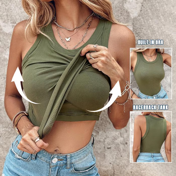 Chicme Round Neck Built-in Bra Ribbed Tank Top Fit Casual Comfortable