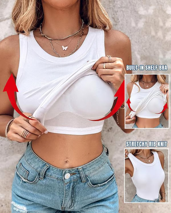 Chicme Round Neck Built-in Bra Ribbed Tank Top Fit Casual Comfortable