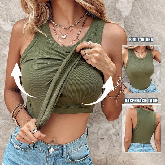 Chicme Round Neck Built-in Bra Ribbed Tank Top Fit Casual Comfortable