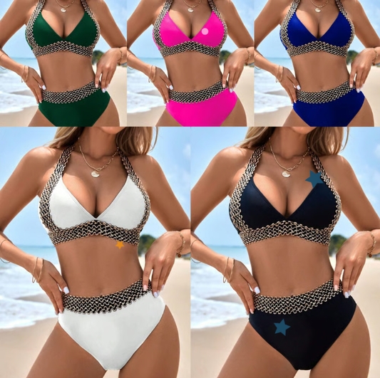Women's swimsuit with wavy pattern and V-neck, sexy, holiday swimsuit with slit
